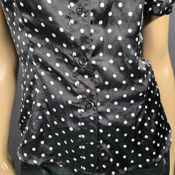 Y2K Fitted Satin Blouse Black Polka Dot Button Up Shirt Size S Short Sleeve - Picture 3 of 10